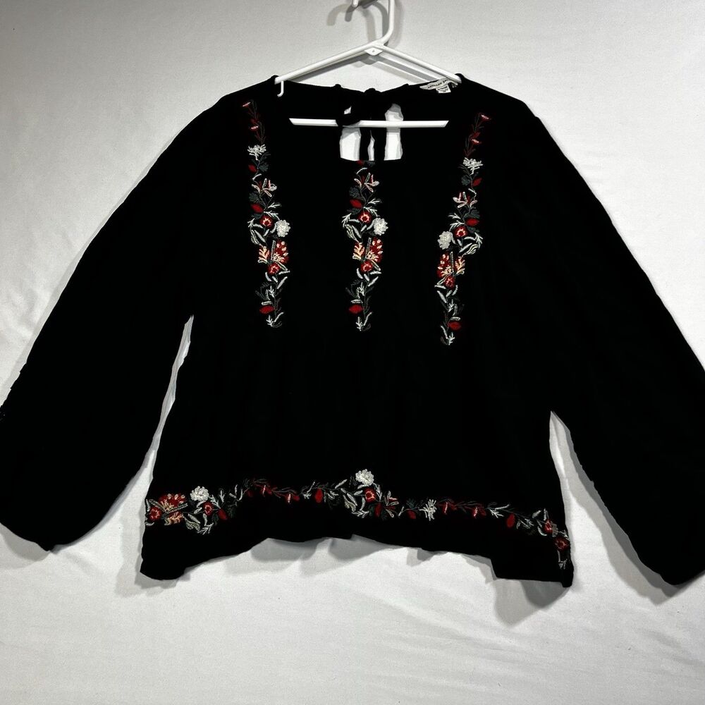 American Eagle Embroidered Boho Peasant Blouse Top Black Floral Size XL